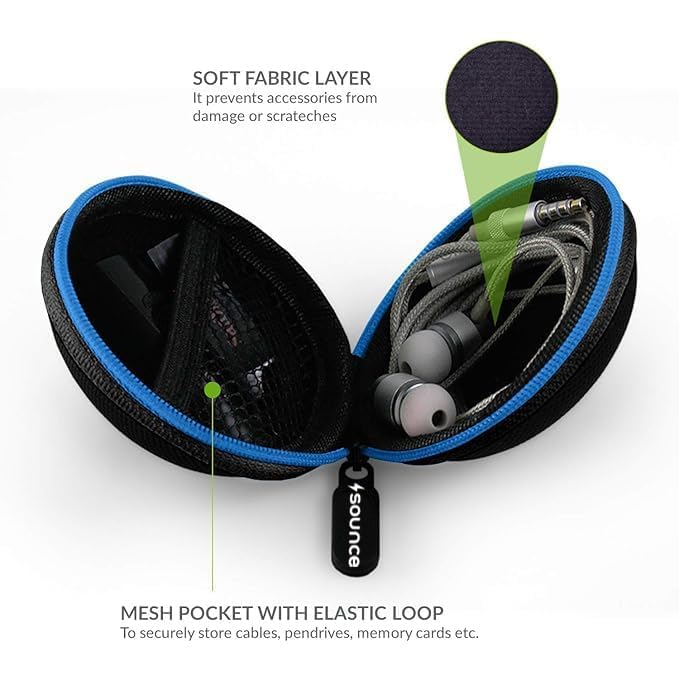 Sounce Earphone Carry Case, Headphone Carrying Case Pouch Cover for Earphones, Multi Use Storage Travel Organiser for Earphones, SD Cards, Pen Drives with in-Built Anti Scratch Mesh Pocket (Blue)