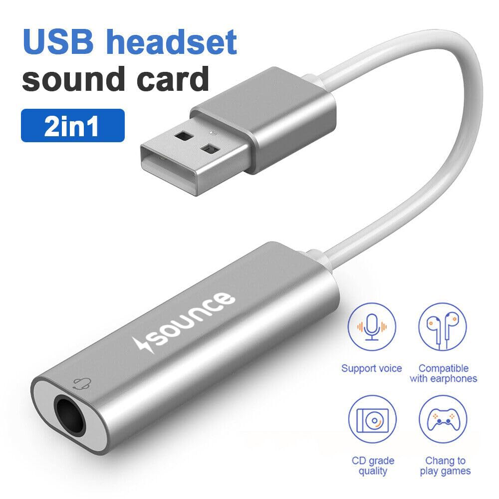 Sounce USB to 3.5mm Female Adapter, USB Headphone Audio Jack External Stereo Sound Cable Cord Splitter for MacBook, Laptop, Linux, PS4, Headset - Grey