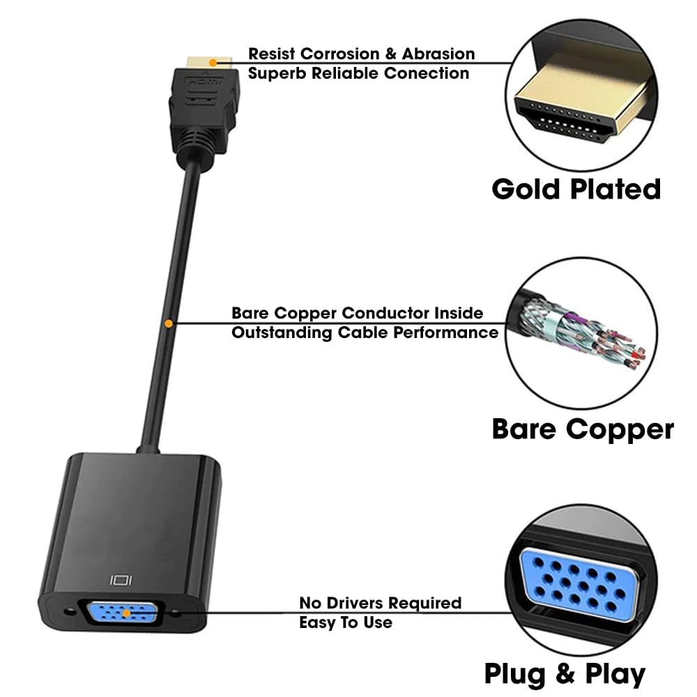 Sounce HDMI to VGA Gold Plated High-Speed 1080P Active HDTV HDMI to VGA Adapter Converter Male to Female with Audio and Micro USB Charging Cable, (Black)