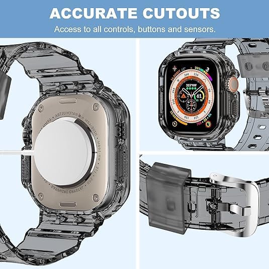 Sounce Transparent Watch Bands with Rugged Armor Cover Compatible with Apple Watch Band Strap 42MM 44MM 45MM 49MM Ultra for iWatch Series 8 7 6 5 4 3 2 SE Bumper Case [Watch NOT Included] - Black