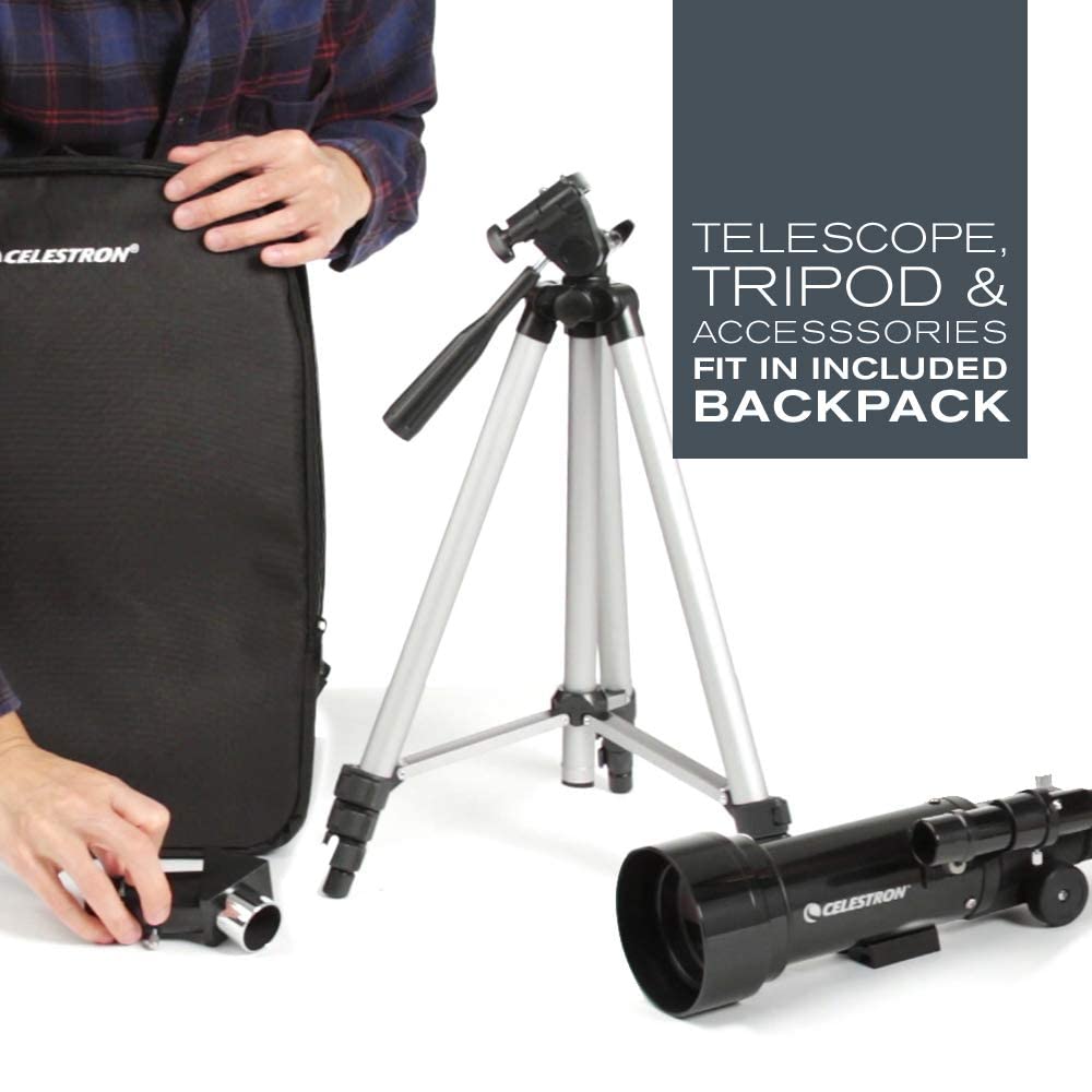 Celes-tron 21035-ADS Travel Scope 70 Refractor Telescope Kit with Backpack – Amazon Exclusive with 4mm Eyepiece & 3X Barlow Lens – Black