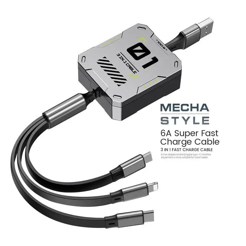 Sounce 3-in-1 Retractable USB Cable | 100W / 6A Fast Charging | USB 3.0 with Type-C, Micro USB & Lightning Connectors | 1.2m | High-Speed Data Transfer for Phones, Tablets, Laptops