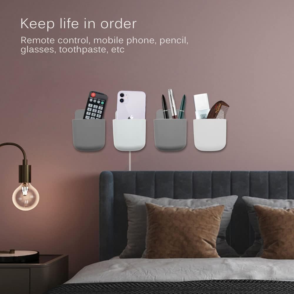 Sounce 8 Piece Wall Mounted Storage Box Remote Indoor Storage Organizer Case for Air Conditioner & TV Remote Mobile Phone Plug Holder Stand Rack Phone Charger Plug Holder (Pack of 8)- White & Grey
