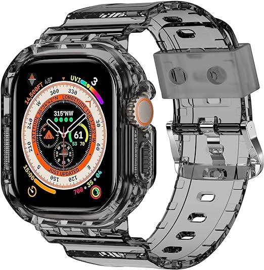 Sounce Transparent Watch Bands with Rugged Armor Cover Compatible with Apple Watch Band Strap 42MM 44MM 45MM 49MM Ultra for iWatch Series 8 7 6 5 4 3 2 SE Bumper Case [Watch NOT Included] - Black