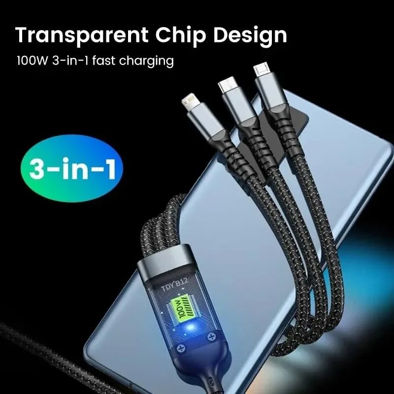 Sounce 120W 3-in-1 USB Fast Charging Cable | 6A Output | USB 3.0 with Type-C, Micro USB & Lightning Connectors | 1.2m Long | High-Speed Data Transfer for Phones, Tablets & Laptops