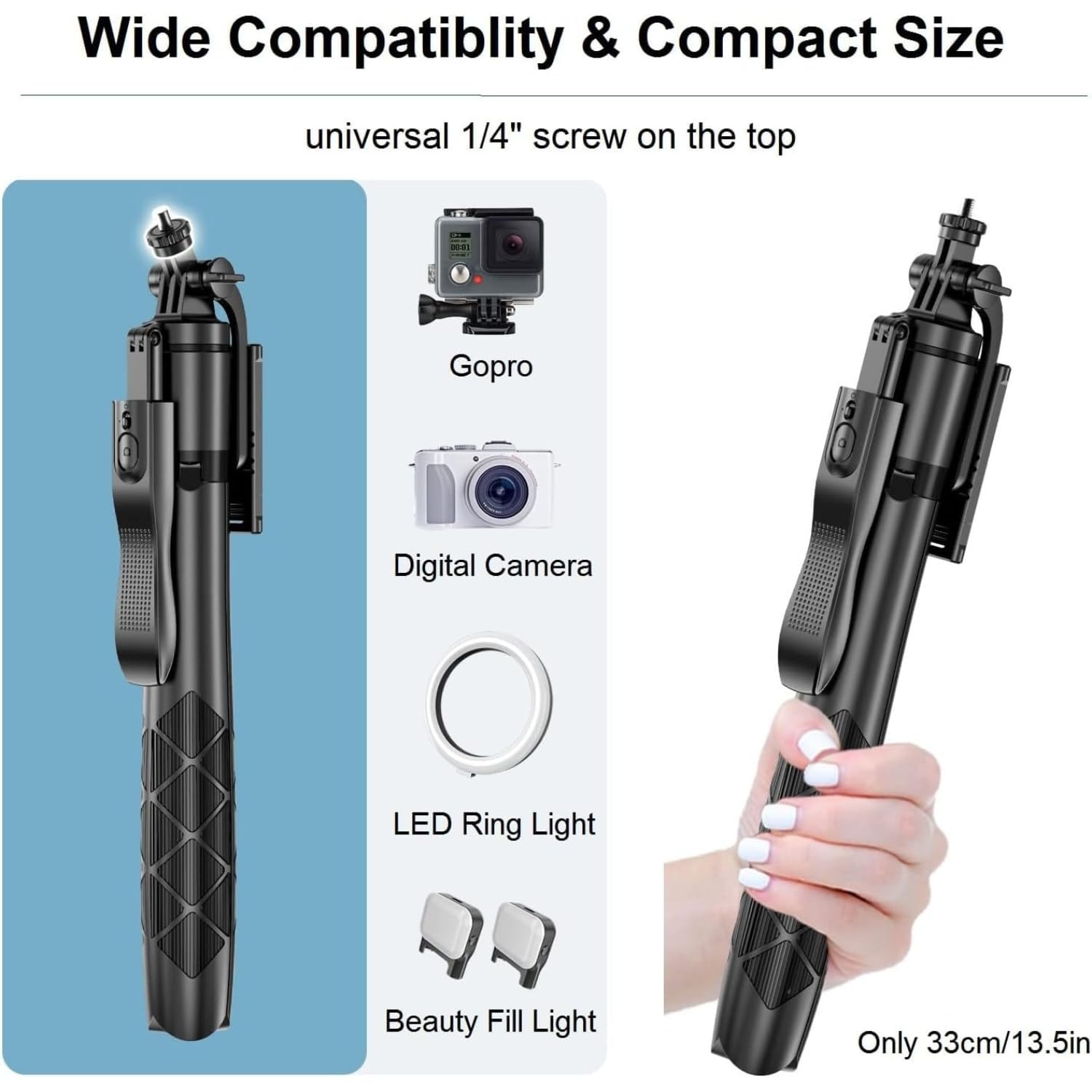 Sounce Selfie Stick with Tripod Stand, Aluminum 360 Degree Rotatable Bluetooth Selfie Stick 62 inches/158 cm Tripod for Vlogging, Tripod for phone, Mobile Stand for Video Recording,Mobile,Camera,GoPro