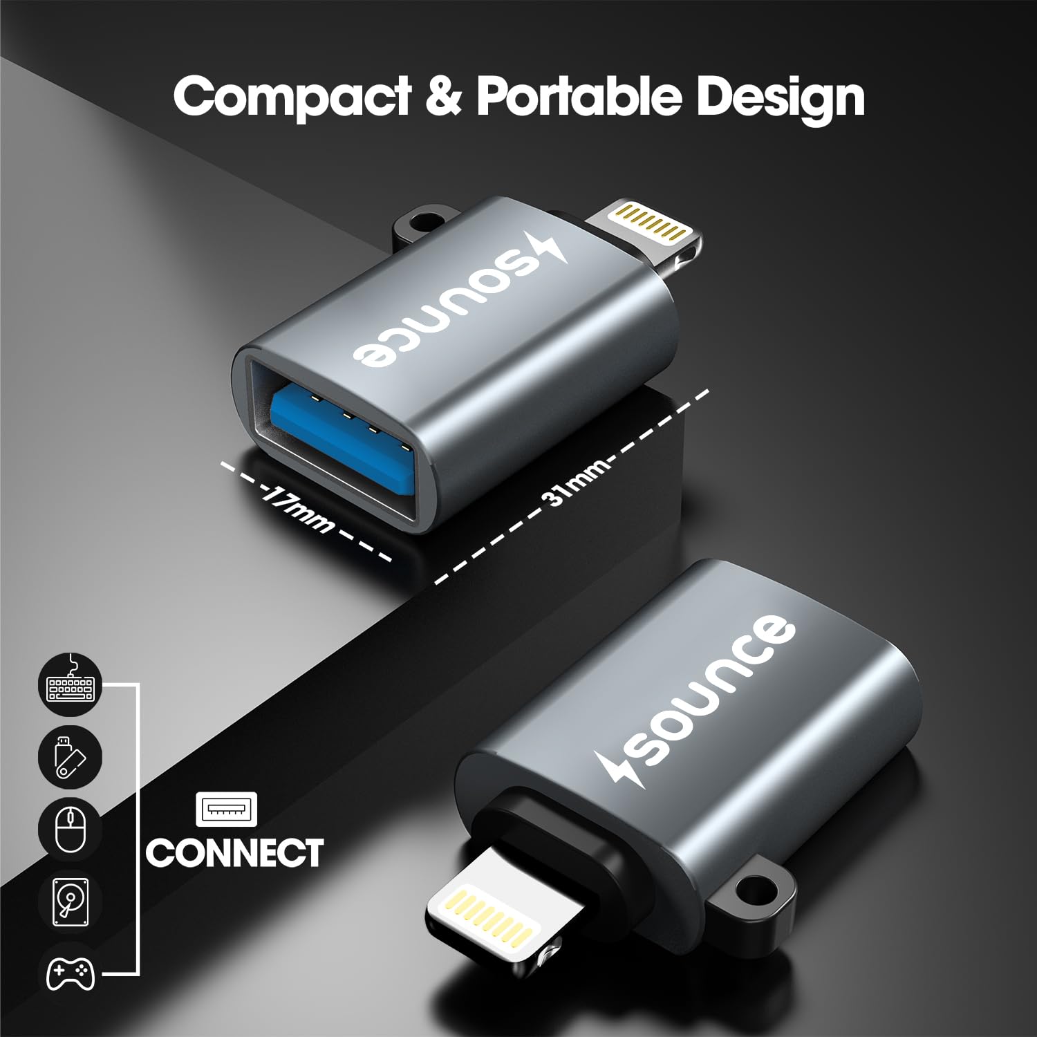 Sounce OTG for iPhone/iPad, Lightning OTG Pendrive Adapter Compatible with All iOS Devices, USB Female Support Connect USB Flash Drive, Keyboard, Mouse (Silver)