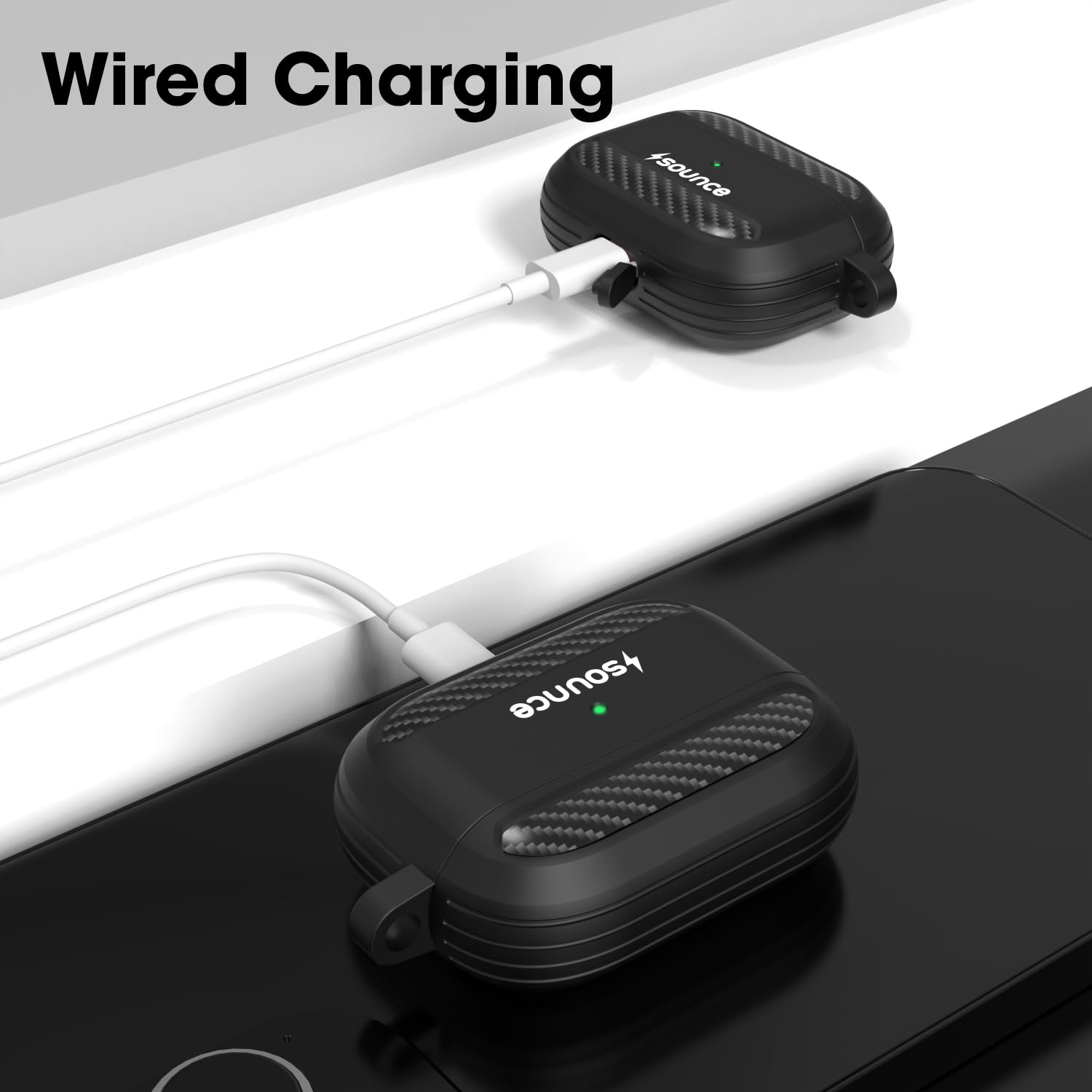 Sounce Carbon Fiber Tough Case Cover for Headphones Compatible with AirPods Pro Case Cover with Carabiner, Rugged Protective Cover, Scratch Resistant, Shock Armor Series [Carbon Black]