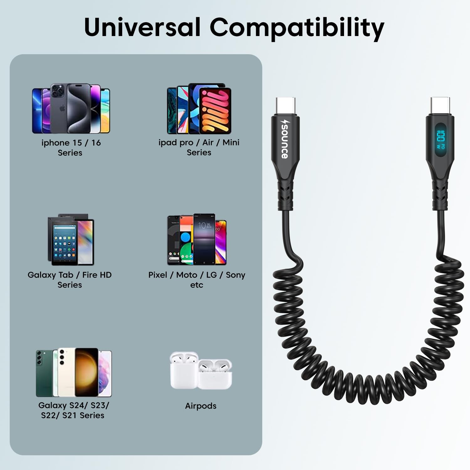 Sounce USB C to USB C 100W Fast Charging Coiled Cable for Car with Smart LED Power Display, Stretchable & Tangle-Free Type C Charger Cord for iPhone 16/15 Pro/Plus/Max & All Type-C Devices