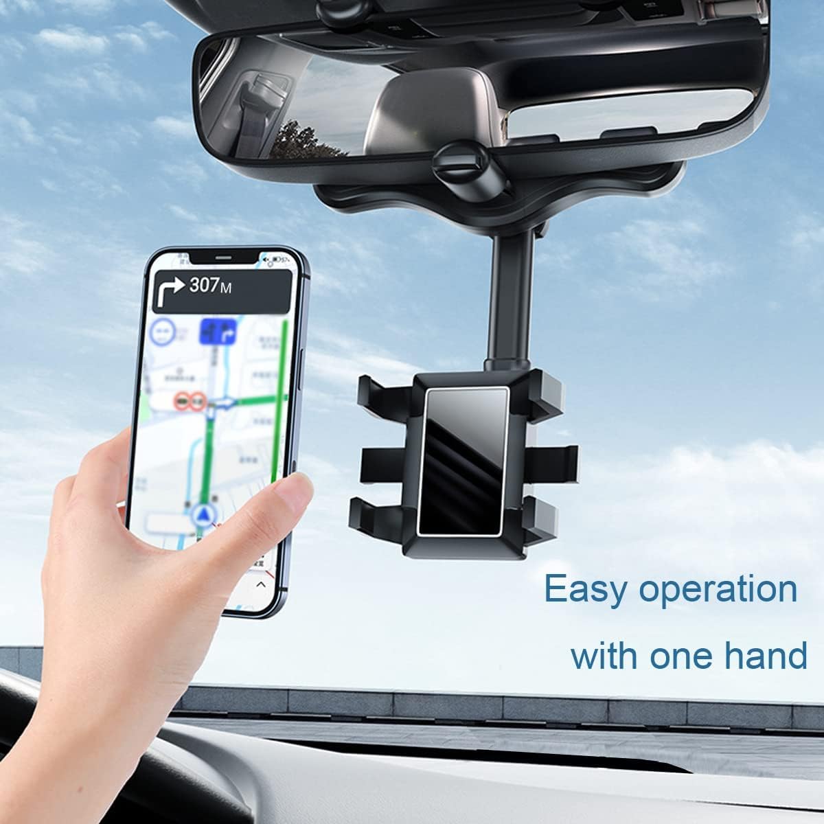 Sounce 360 Rotatable and Retractable Car Phone Holder Multifunctional Car Rearview Mirror Phone Holder, 360 Degree Rotatable Rear View Mirror Phone Mount, for All Mobile Phones