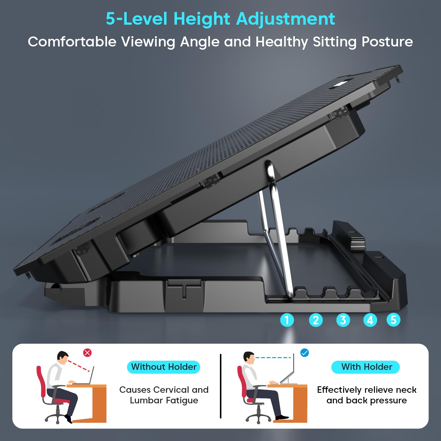 Sounce NC5500D Dual Fan Laptop Cooler with Silent Operation, Fan Speed Adjustment, Smart Display Panel, 5-Level Foldable Stand & Phone Holder – Black