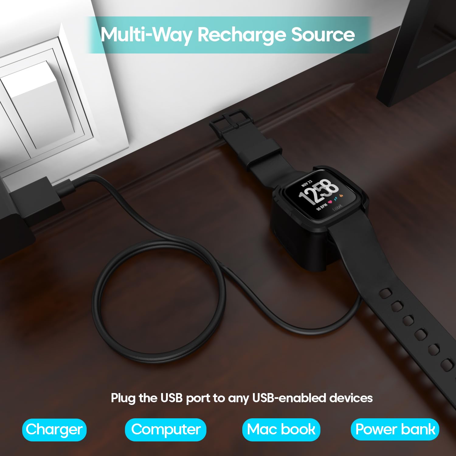 Sounce USB Charging Cable for Fitbit Versa Lite/Versa/Versa Special Edition, Replacement USB Charging Dock Station with 3.3ft Cable Cord for Versa Smartwatch (Black)