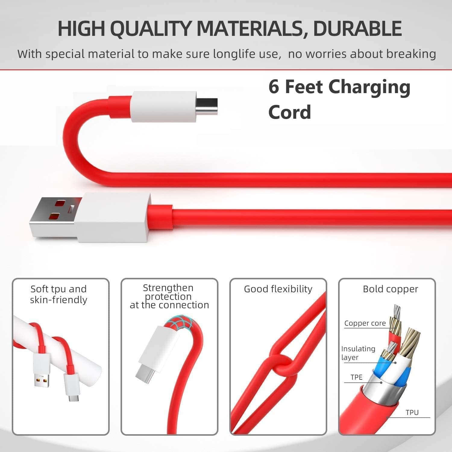 Sounce 2 Meter 80W Charging Cable USB to Type C Warp Charger SuperVooc/Dash Fast Charge Cable for Oneplus 11,11R,10 Pro,10R,10T,9RT,9R,8R,8T Charge Cable for 6/6T/7/7T,Nord,Ce2 Lite 5G,Ce 3 5G, Red