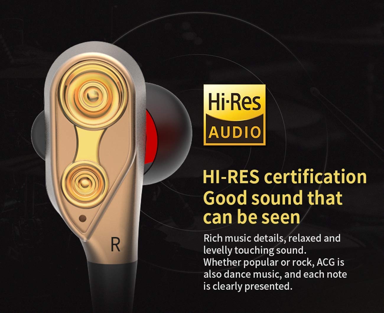 Sounce Thunder in-Ear Wired Earphones with Mic – Hi-Res Audio, 3.5mm Jack, One-Button Control, Extra Earbuds – Premium HiFi Earphones Compatible with Smartphones, Tablets, Laptops (Gold)