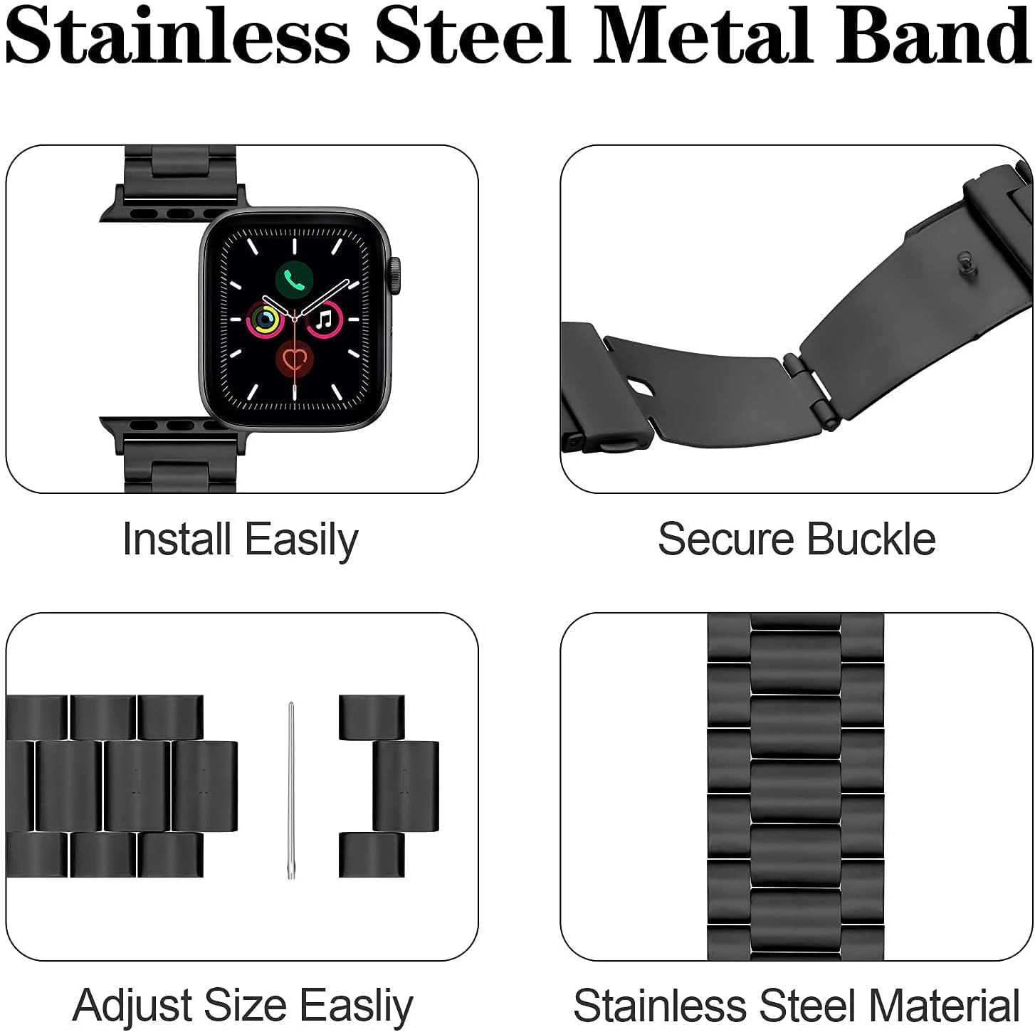 Sounce Stainless Steel Band for Apple Watch Strap Ultra/Ultra 2 Link Bracelet 49mm 44mm 45mm 42mm, Metal Strap with Folding Clasp for Apple Watch Series 9 8 7 6 5 4 3 2 1 SE - Black