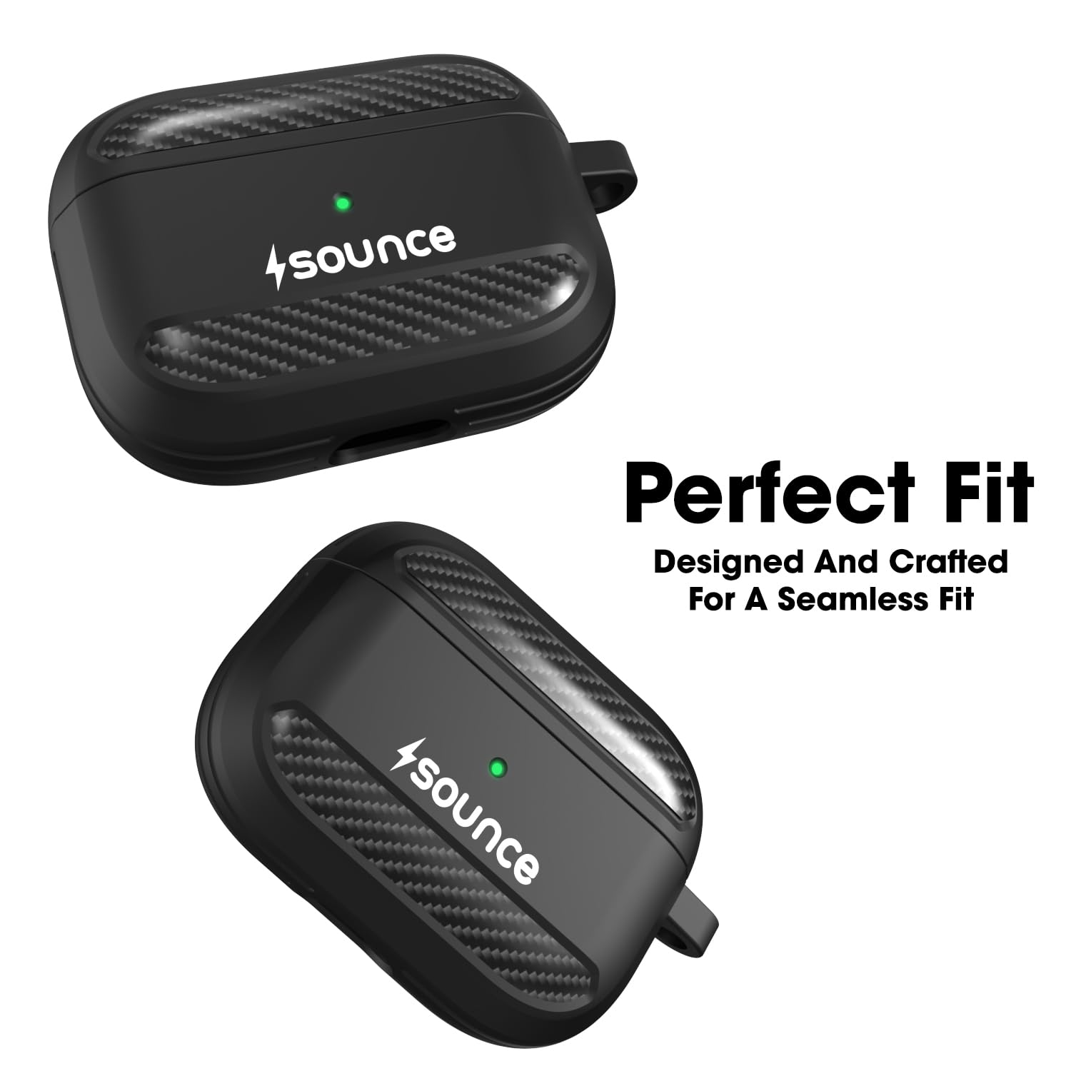 Sounce Carbon Fiber Tough Case Cover for Headphones Compatible with AirPods Pro Case Cover with Carabiner, Rugged Protective Cover, Scratch Resistant, Shock Armor Series [Carbon Black]