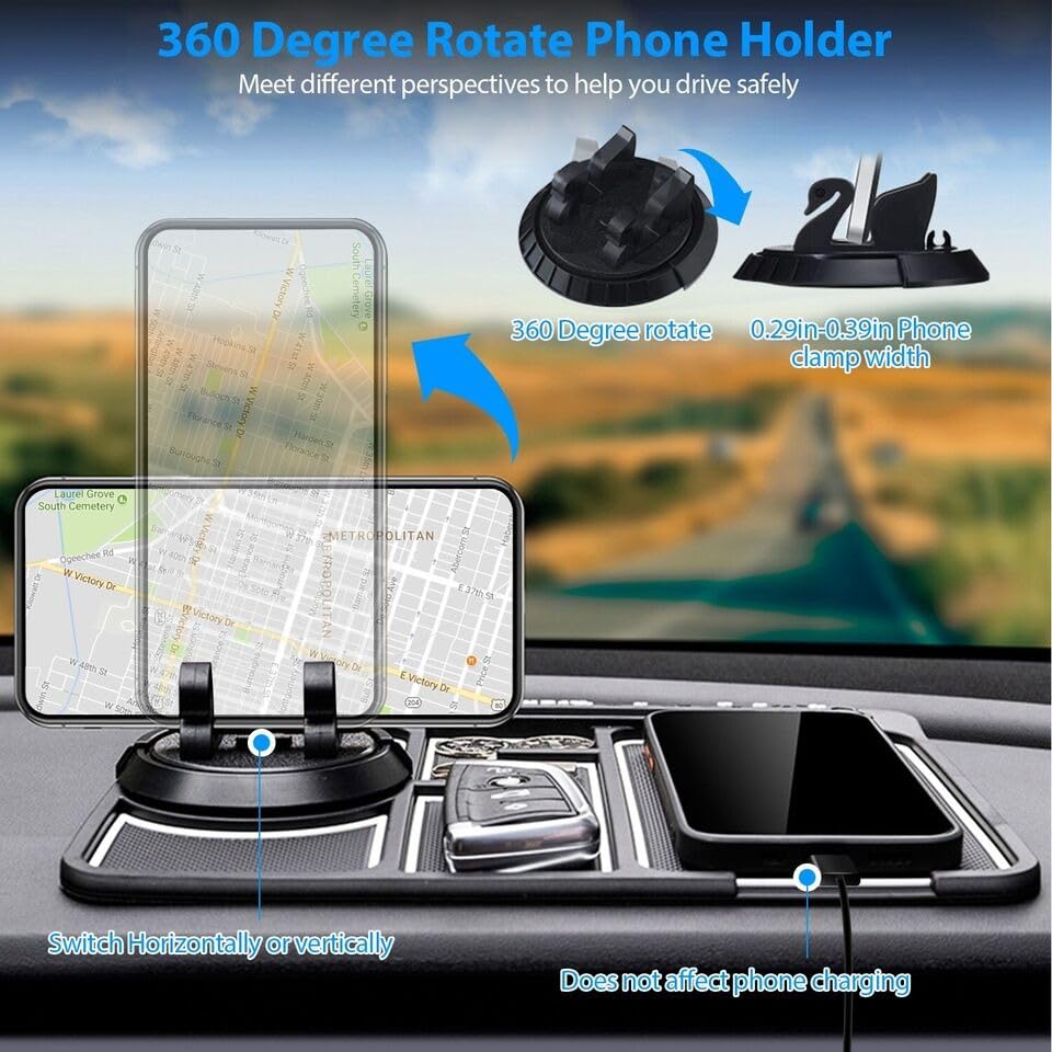 Sounce Anti-Slip Car Dashboard Mat with Phone Holder & Aromatherapy - Universal Non Slip Sticky Rubber Pad with 2 Aroma Sticks & Radium Night Glow for Smartphone, GPS Navigation- Black