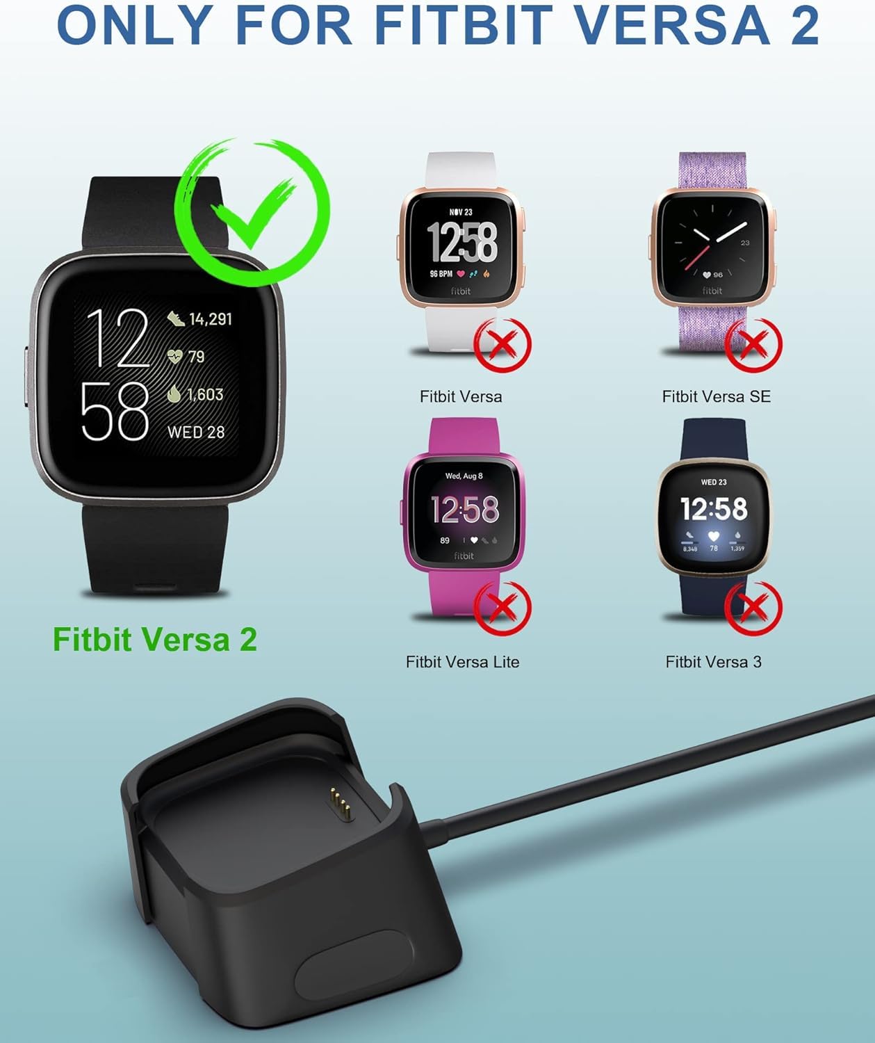 Sounce USB Charging Cable for Fitbit Versa 2 Smart Watch Charger Cord for Fitbit Versa 2 Smart Watch (Not for Versa/Versa Lite), Smartwatch - Black
