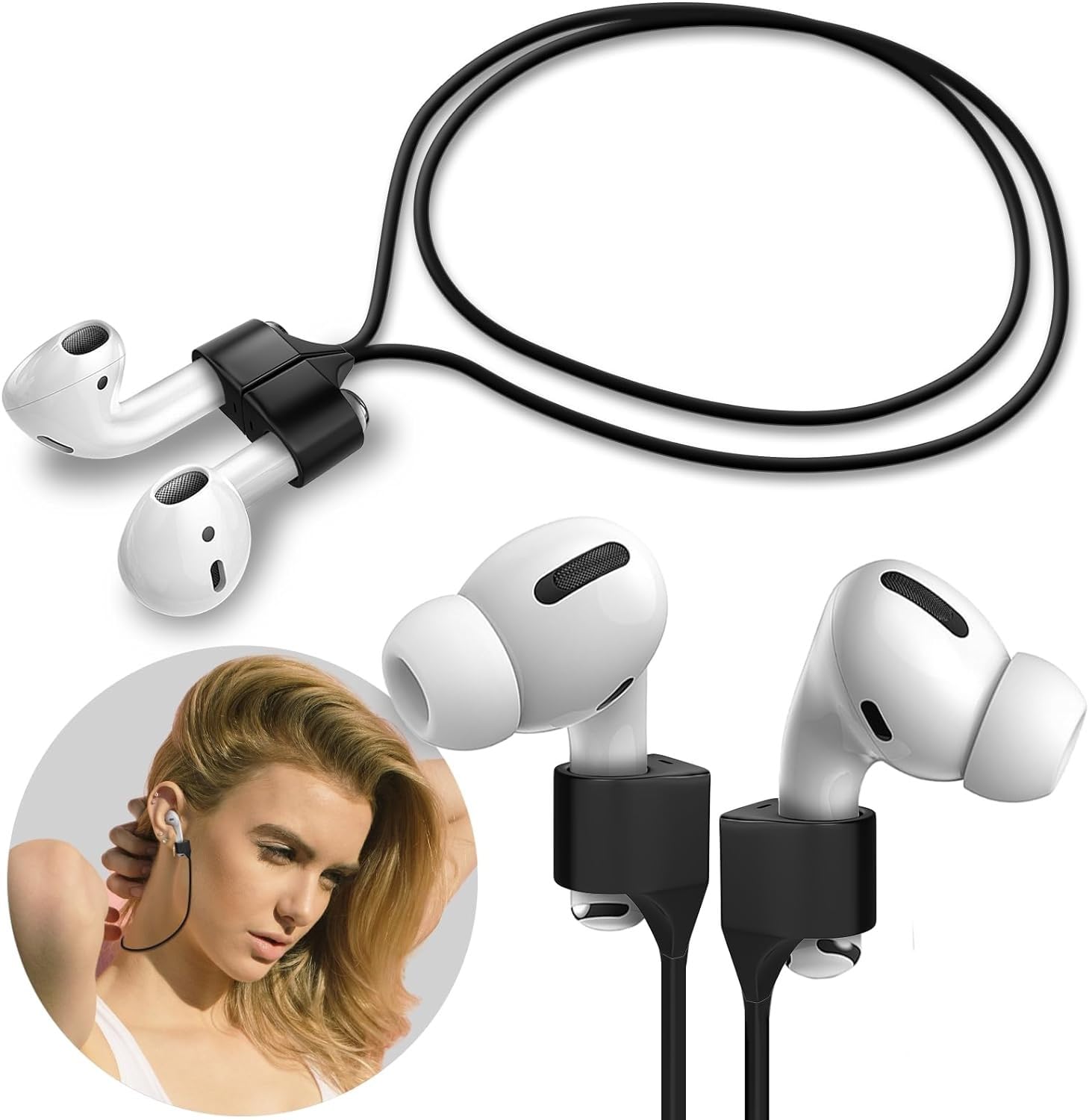 Sounce Anti-Lost Magnetic String Silicone Cable Strap for Apple Airpods 3rd Gen, Airpods 1 & 2, Airpods Pro Soft Neck Rope Cord - Black