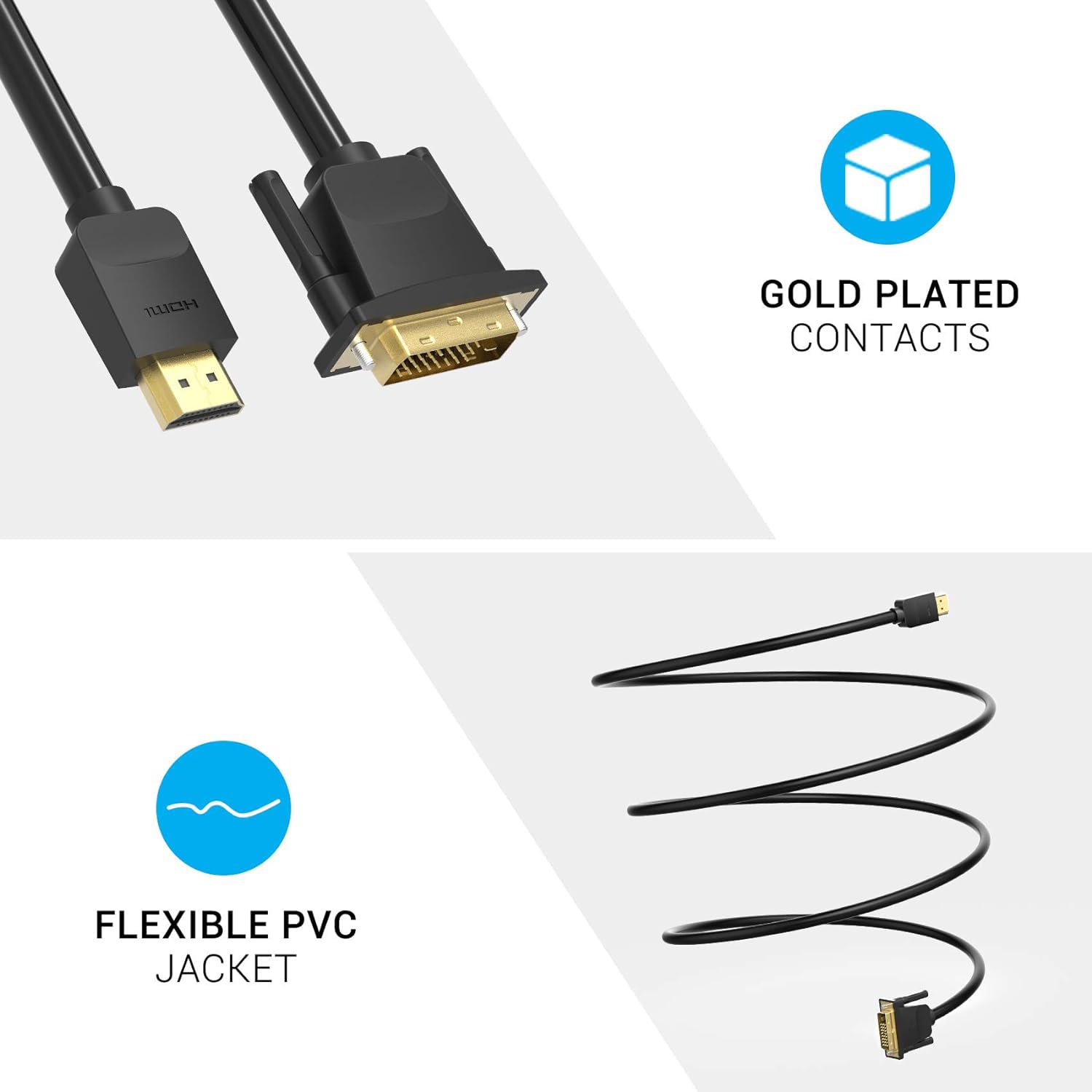Sounce HDMI to DVI Cable with 4K Resolution, Gold Plated Connectors, Bi-Directional Cable Male to Male Compatible with PlayStation, Laptop, Graphic Card, and More 3 Feet (1 Meter) - Black