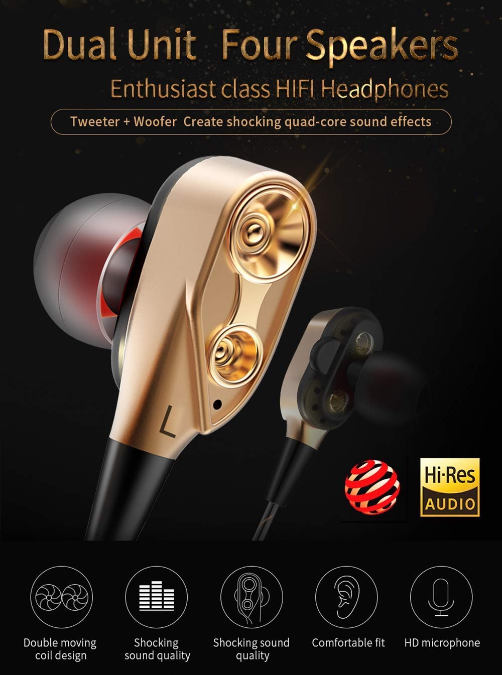 Sounce Thunder in-Ear Wired Earphones with Mic – Hi-Res Audio, 3.5mm Jack, One-Button Control, Extra Earbuds – Premium HiFi Earphones Compatible with Smartphones, Tablets, Laptops (Gold)