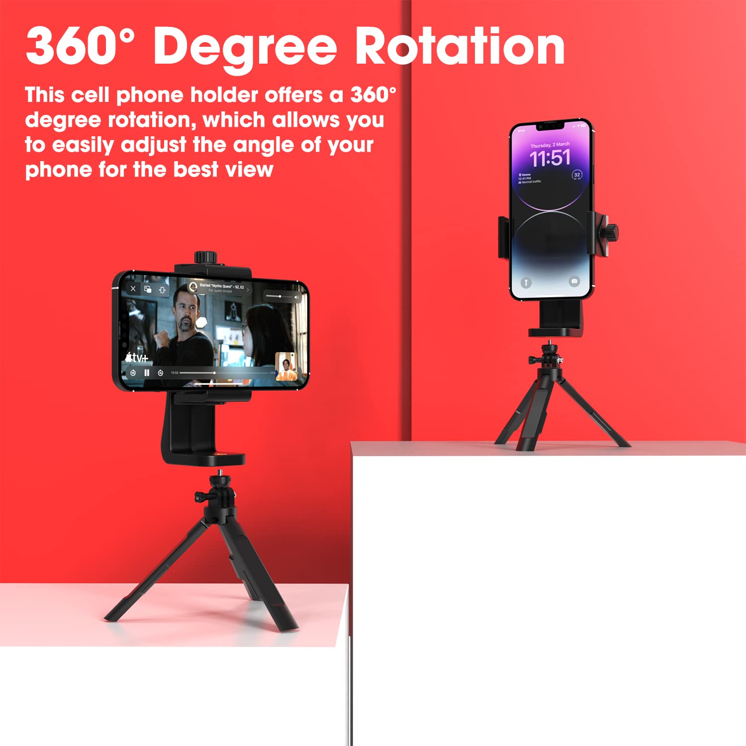 Sounce 360° Adjustable Cell Phone Tripod Mount Adapter | Universal 1/4 Screw Clamp Holder (Black)