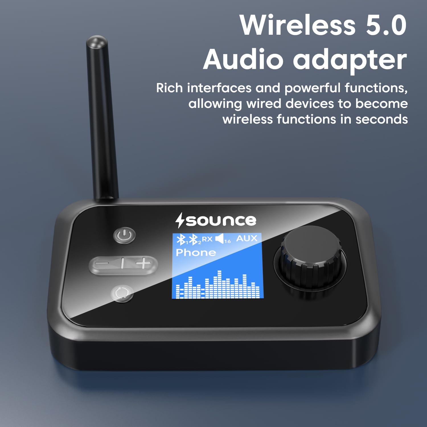 Sounce 3-in-1 Bluetooth 5.0 Audio Adapter with LCD Display – Wireless Transmitter, Receiver & Bypass Mode with AUX/Optical/RCA, Dual Link Support for TV, PC, Home Stereo, Speakers & Headphones