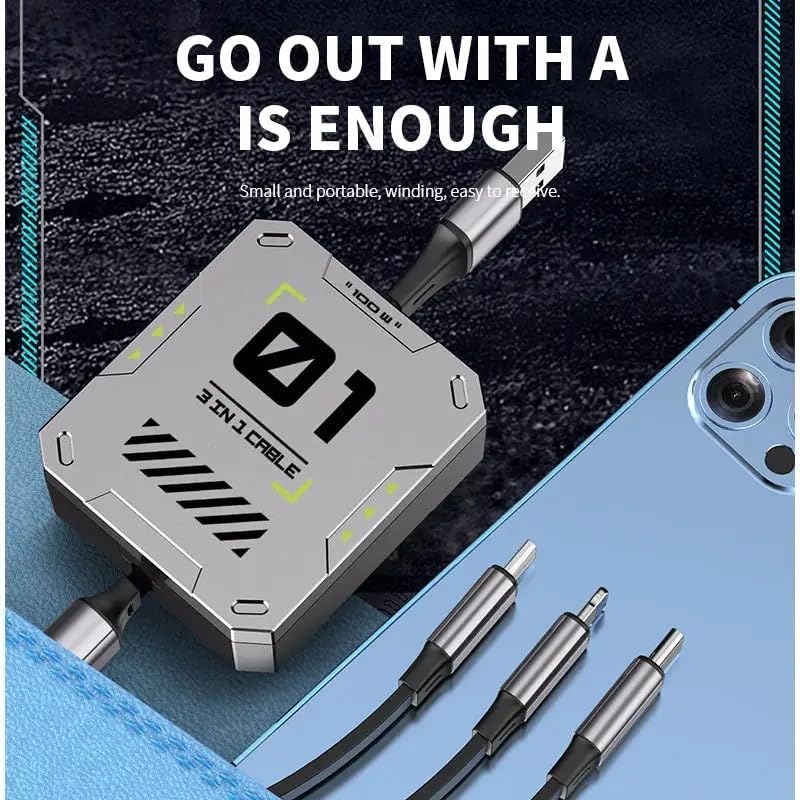 Sounce 3-in-1 Retractable USB Cable | 100W / 6A Fast Charging | USB 3.0 with Type-C, Micro USB & Lightning Connectors | 1.2m | High-Speed Data Transfer for Phones, Tablets, Laptops