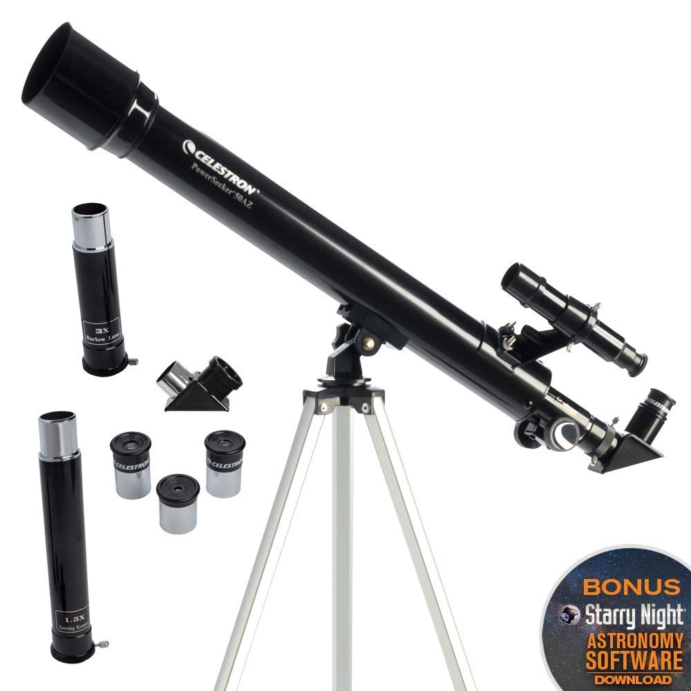Celes-tron PowerSeeker 50AZ Telescope – Manual Alt-Azimuth Refractor Telescope for Beginners with Bonus Astronomy Software – Compact & Portable – 50mm Aperture