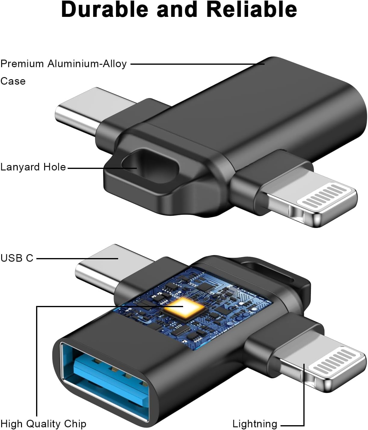 Sounce 3-in-1 USB OTG Adapter | USB A to Lightning & Type-C | USB 3.0