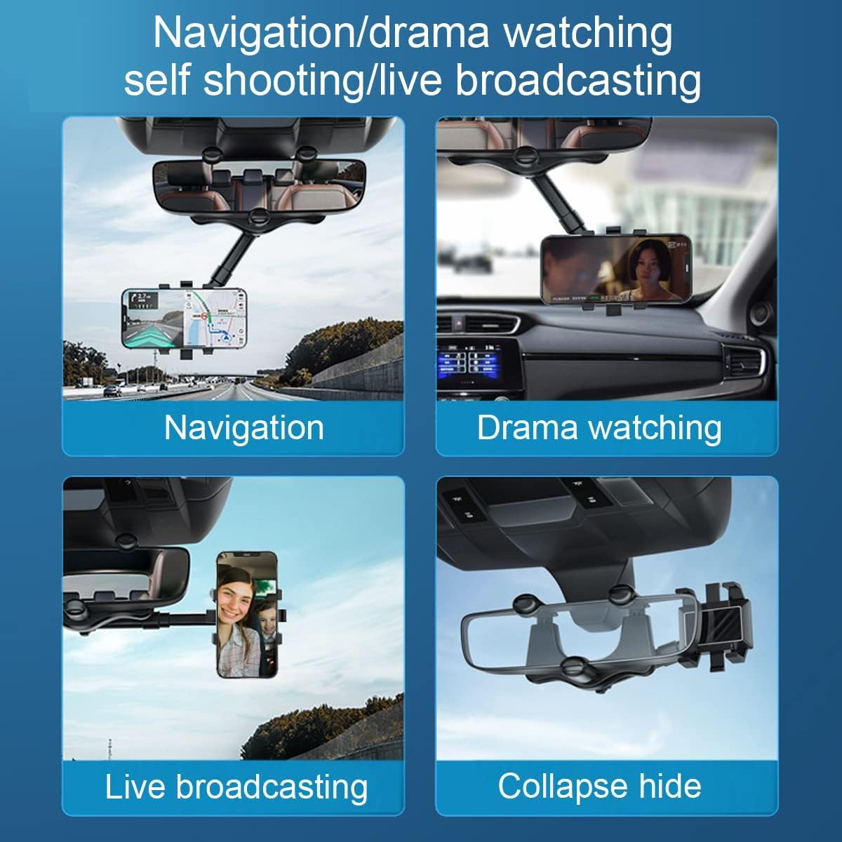 Sounce 360 Rotatable and Retractable Car Phone Holder Multifunctional Car Rearview Mirror Phone Holder, 360 Degree Rotatable Rear View Mirror Phone Mount, for All Mobile Phones