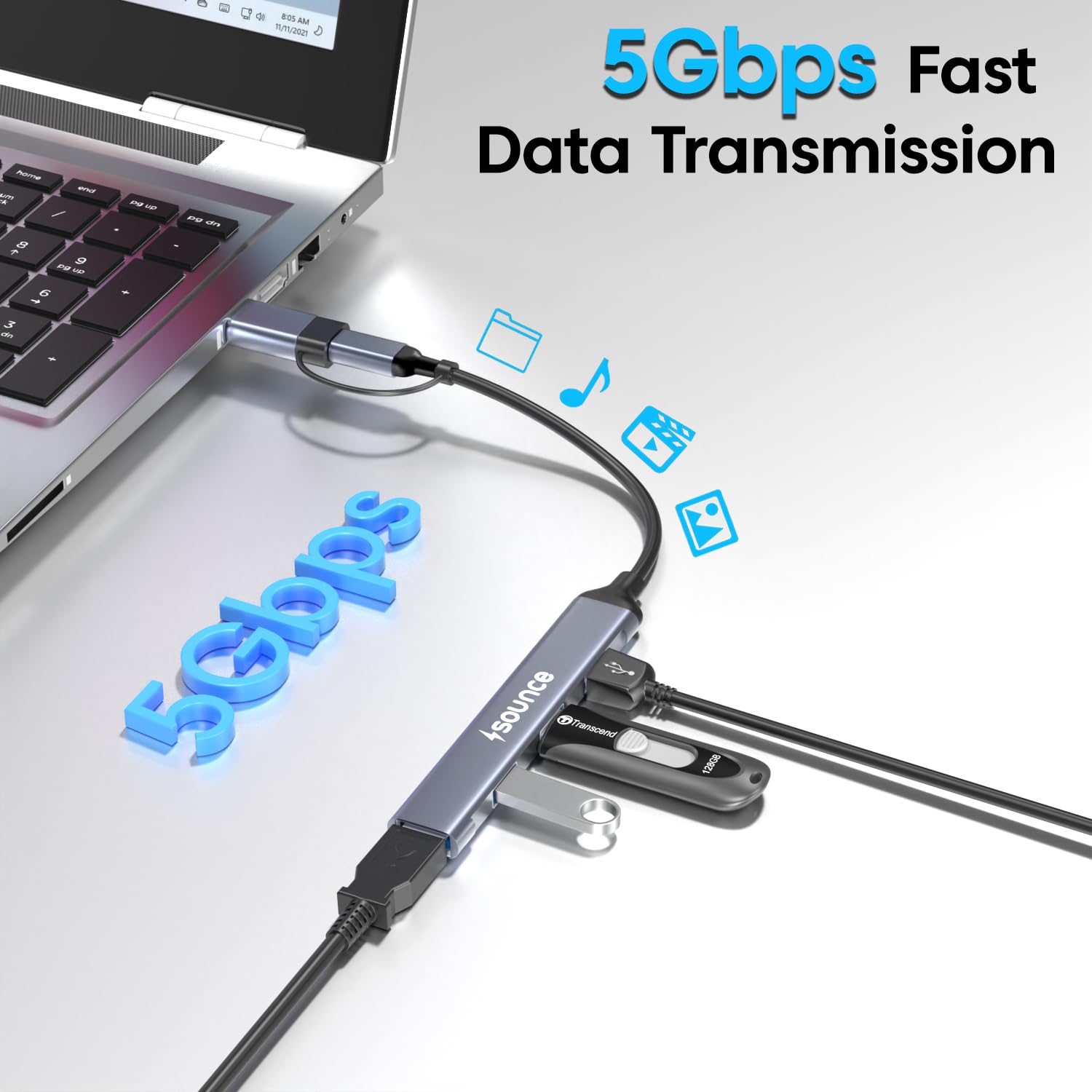 Sounce USB + Type C 4 Port USB Hub 3.0 with 5 Gbps Superspeed Data Transmission,1*USB 3.0 Ports, 3*USB 2.0 Port,Sleek Metal Design Type c hub for Laptop, MacBook, chromebook & Smartphones (Grey)