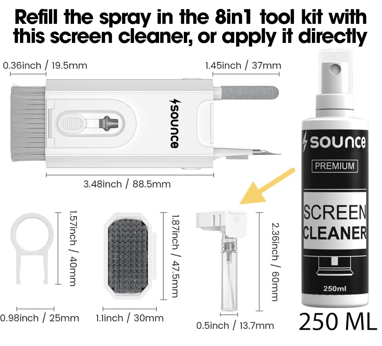Sounce 8 in 1 Laptop Screen Cleaner, Cleaning kit for Mobile, iPhone, Airpods, Earbuds, Keyboard, Multifunctional Tool Gadget with 250Ml Cleaning Liquid Spray - White