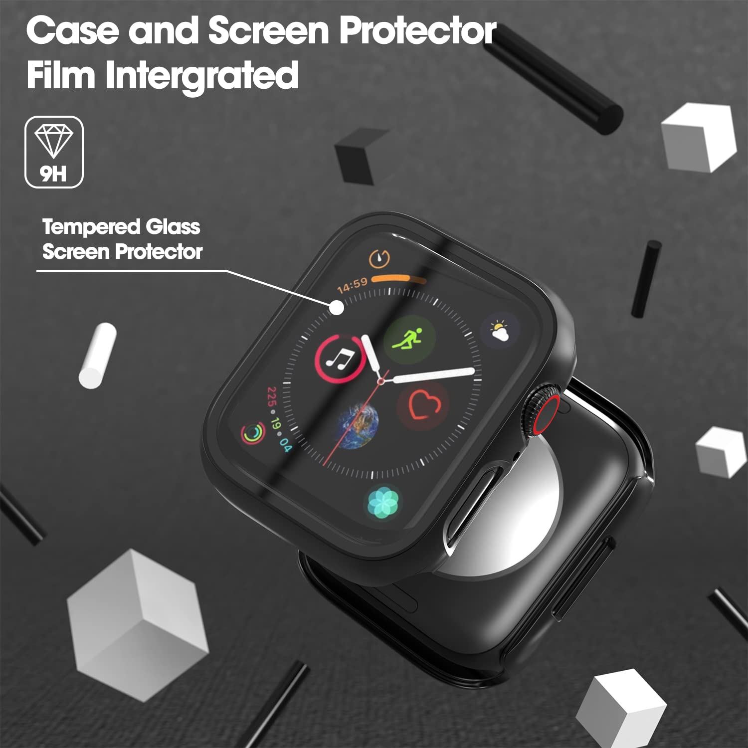 Sounce 45mm Silicone Apple Watch Case with Screen Protector – Scratch-Resistant & Dustproof (Black)