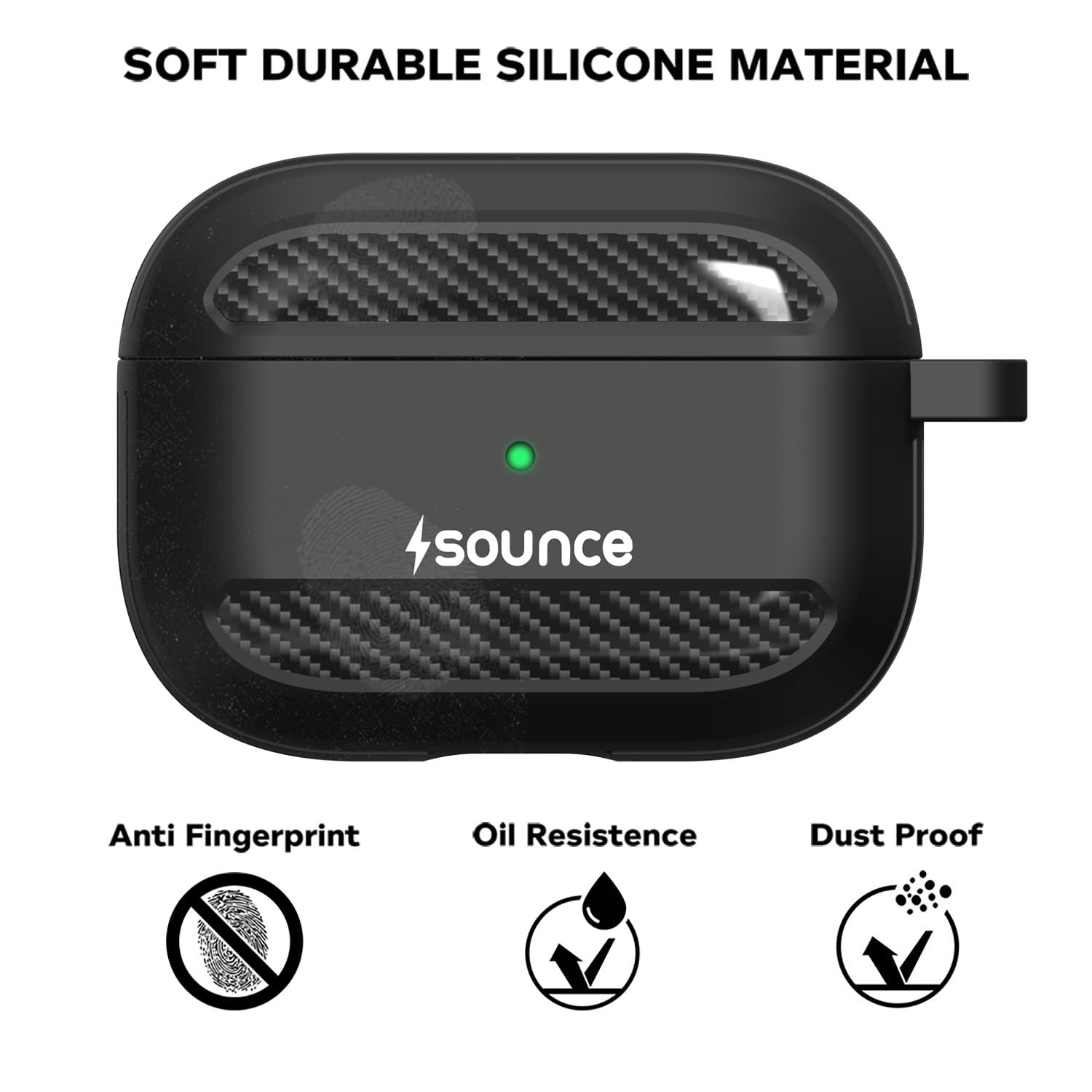 Sounce Carbon Fiber Tough Case Cover for Headphones Compatible with AirPods Pro Case Cover with Carabiner, Rugged Protective Cover, Scratch Resistant, Shock Armor Series [Carbon Black]