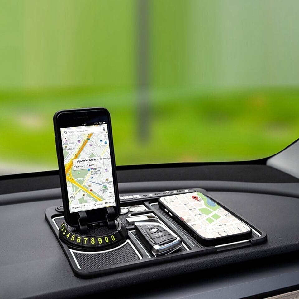 Sounce Anti-Slip Car Dashboard Mat with Phone Holder & Aromatherapy - Universal Non Slip Sticky Rubber Pad with 2 Aroma Sticks & Radium Night Glow for Smartphone, GPS Navigation- Black
