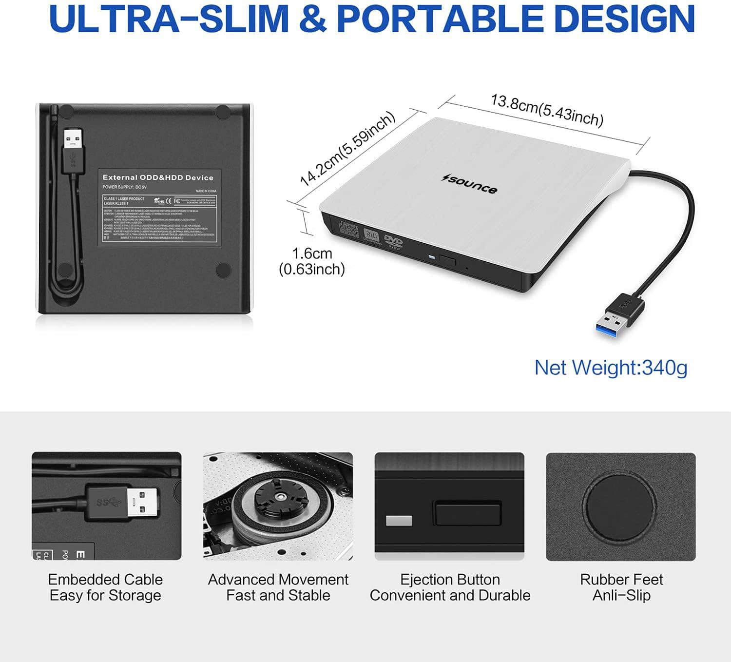 Sounce External USB 3.0 Portable Slim CD/DVD-ROM +-R-R-RW Burner Writer for Laptop Desktop Notebook Windows and Mac OS (White)