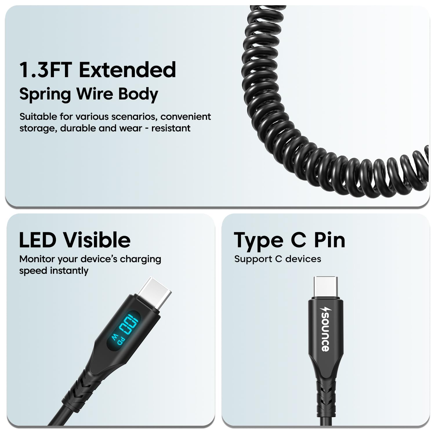 Sounce USB C to USB C 100W Fast Charging Coiled Cable for Car with Smart LED Power Display, Stretchable & Tangle-Free Type C Charger Cord for iPhone 16/15 Pro/Plus/Max & All Type-C Devices