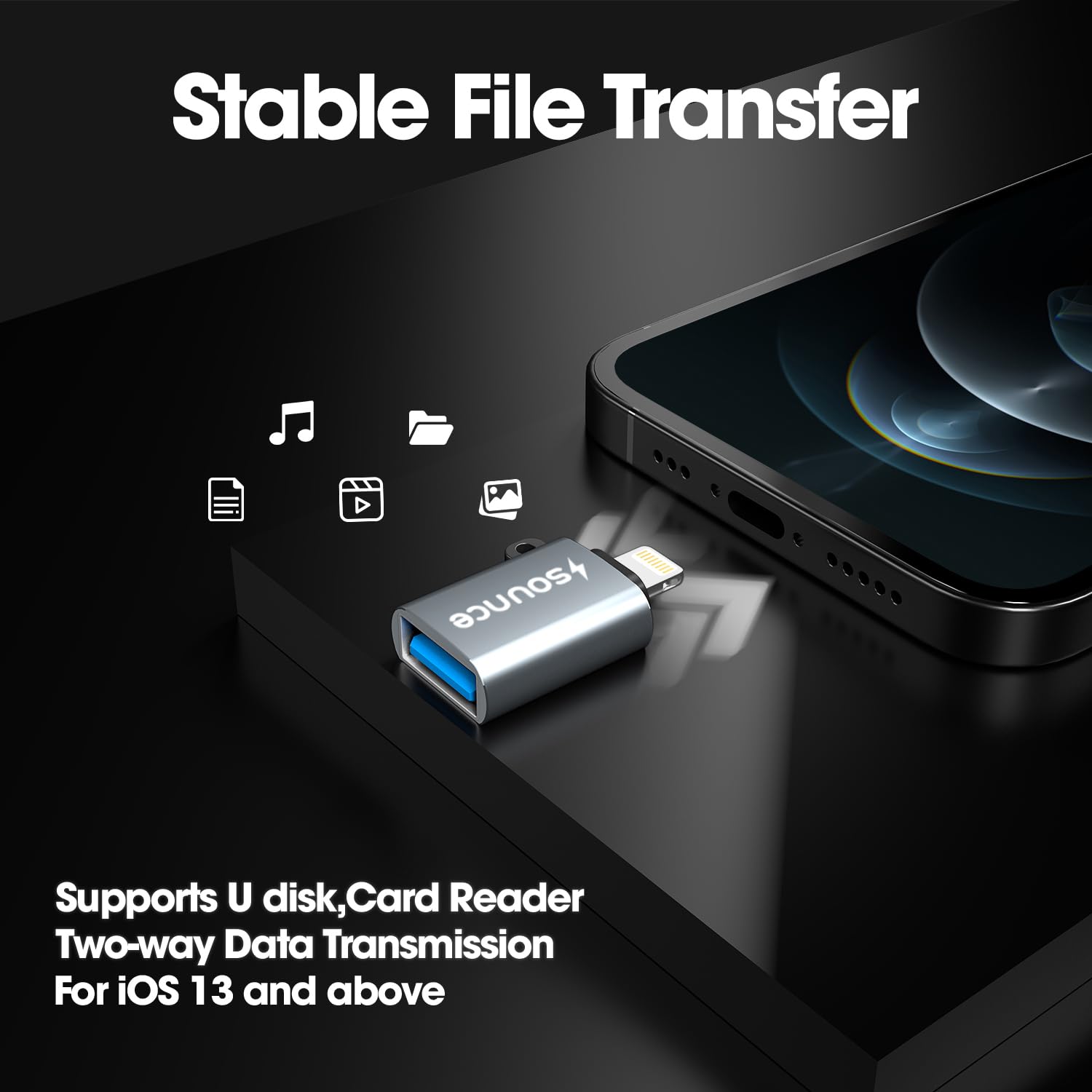 Sounce OTG for iPhone/iPad, Lightning OTG Pendrive Adapter Compatible with All iOS Devices, USB Female Support Connect USB Flash Drive, Keyboard, Mouse (Silver)