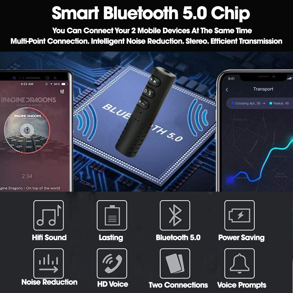 Sounce Bluetooth 5.0 Receiver for Car, Noise Cancelling Bluetooth AUX Adapter, Bluetooth Music Receiver for Home Stereo/Wired Headphones/Hands-Free Call, 16H Battery Life