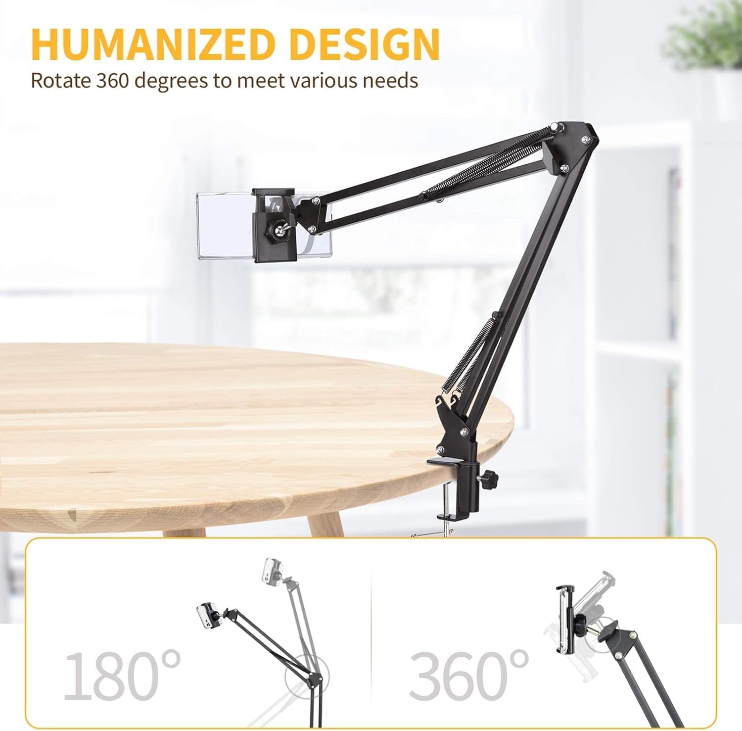 Sounce Lightweight Tabletop Stand Phone Holder, Metal Long Lazy Arm and Bracket for All Mobile for Video Recording, Streaming Video, Office, Compatible Upto 4-7 Inches [Black]