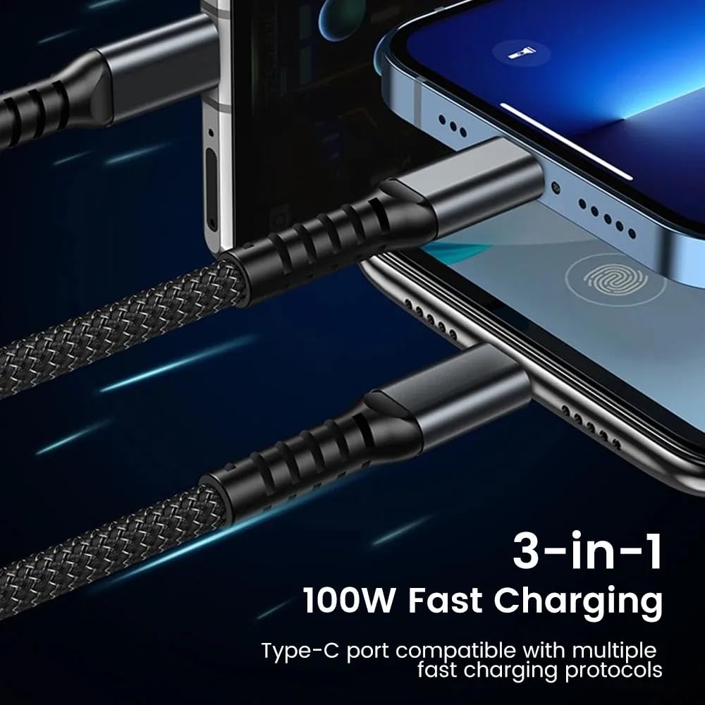Sounce 120W 3-in-1 USB Fast Charging Cable | 6A Output | USB 3.0 with Type-C, Micro USB & Lightning Connectors | 1.2m Long | High-Speed Data Transfer for Phones, Tablets & Laptops