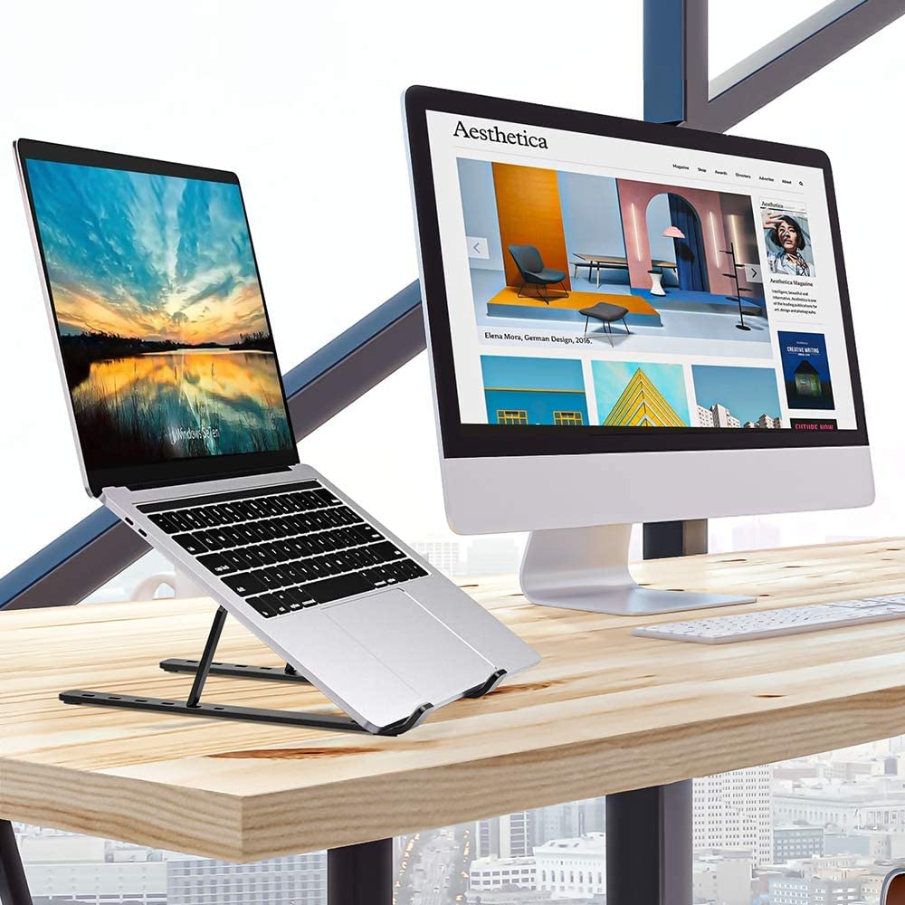 Sounce Laptop Tabletop Stand, Fold-Up, Adjustable, Ventilated, Portable Holder for Desk, Aluminum Foldable Laptop Ergonomic (Black)