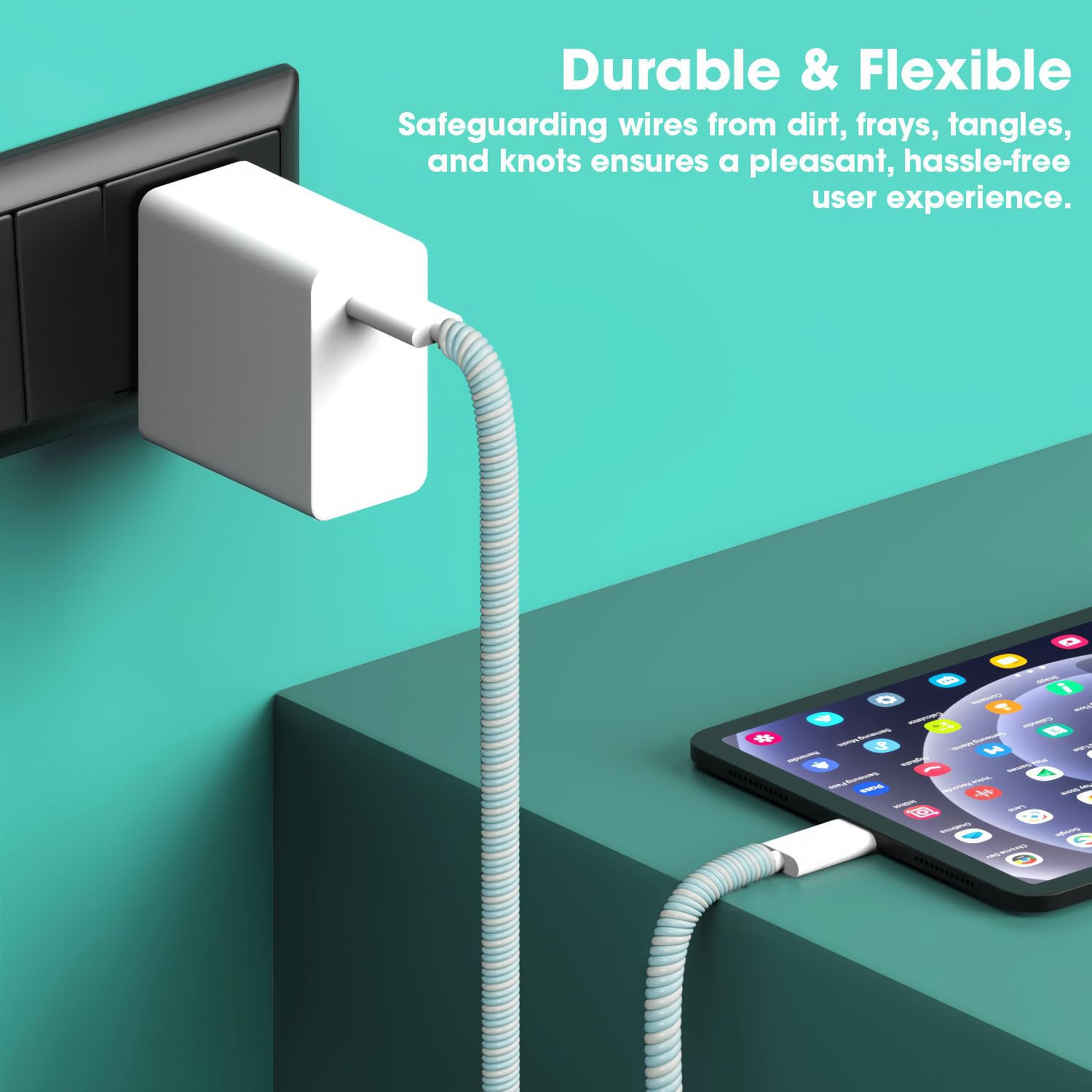 Sounce Spiral Cable Protector, 1.7 Meter Charging Cable Protection Data Cable Protective Sleeve, Cord Saver, Cable Protective Cover for Earphone, Data Wire Cable, Durable PVC - Aqua Blue (Set of 2)