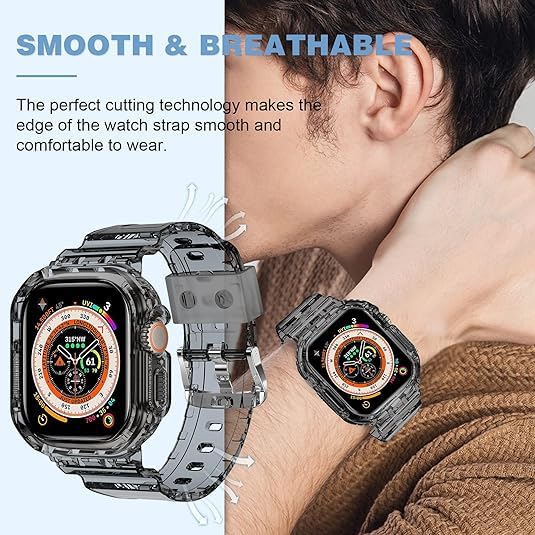 Sounce Transparent Watch Bands with Rugged Armor Cover Compatible with Apple Watch Band Strap 42MM 44MM 45MM 49MM Ultra for iWatch Series 8 7 6 5 4 3 2 SE Bumper Case [Watch NOT Included] - Black
