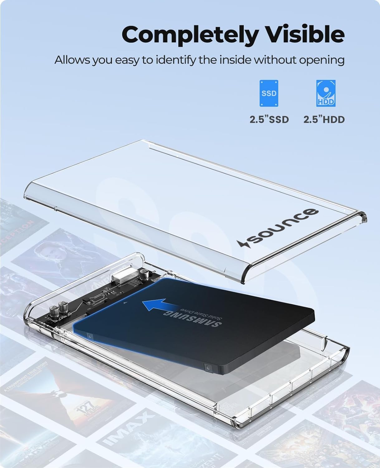 Sounce USB 3.0 to SATA 2.5" SSD/HDD Enclosure – Tool-Free, 5Gbps, Up to 4TB for Fast, Easy Storage