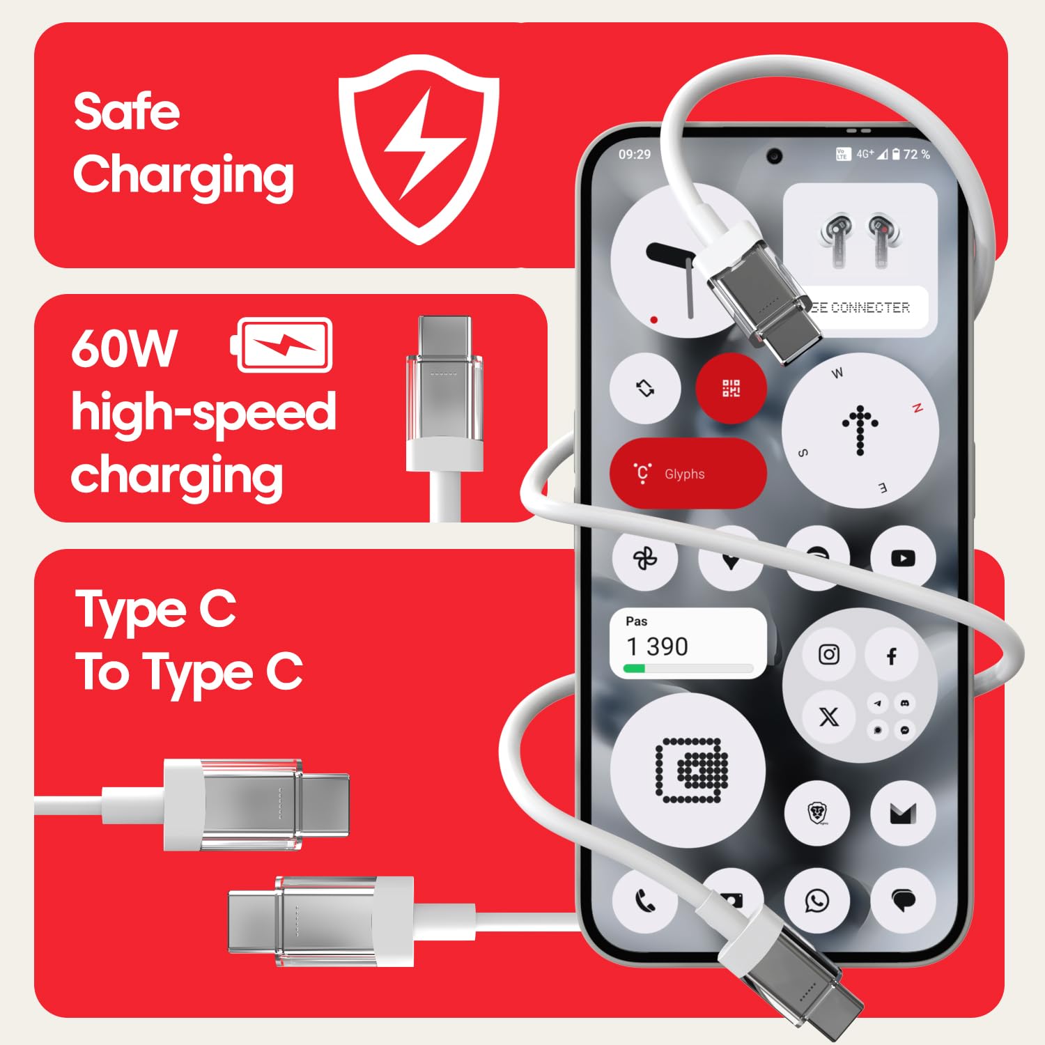 65W USB-C to USB-C Charging Cable – Compatible with Nothing, Google, Samsung & Type-C Devices (White)