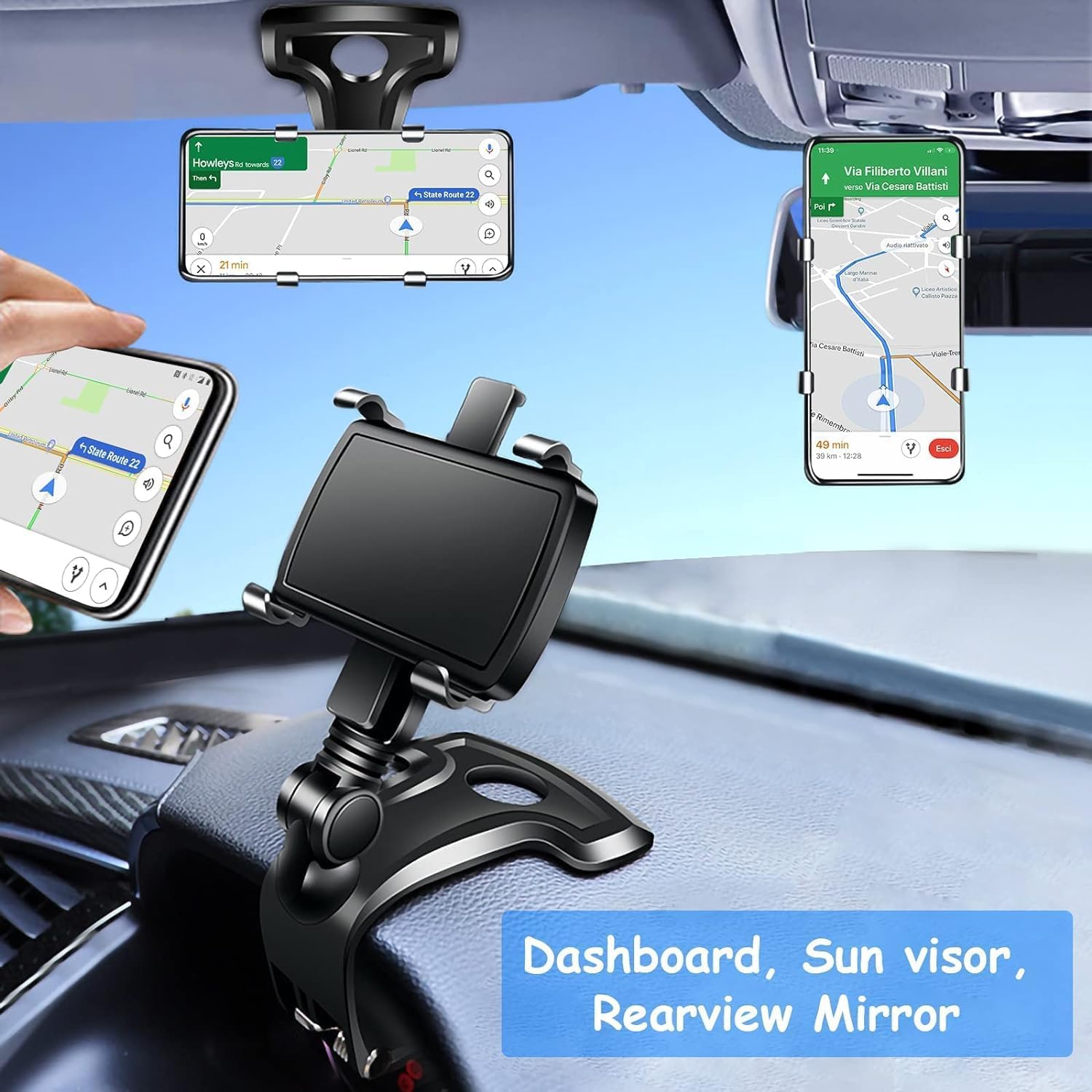 Sounce 360 Rotatable Car Mobile Holder for Dashboard Anti Slip Multifunctional Car Rearview Mirror Phone Holder 360 Degree Car Phone Mount for All Mobile Phones Size Up to 6.5 Inch Black