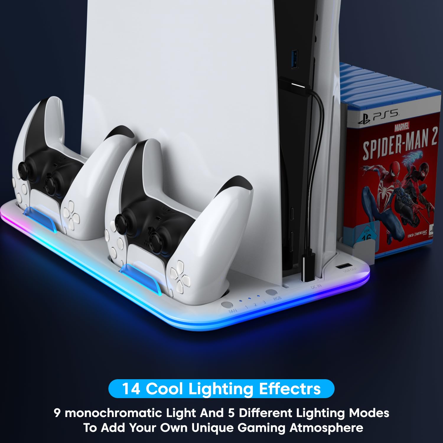 Sounce Dock5 RGB PS5 Cooling Stand with Dual Controller Charging Station – All-in-One Vertical Stand for PS5 Disc & Digital Edition with RGB Lighting, Headset Holder, 6 Game Slots (White)