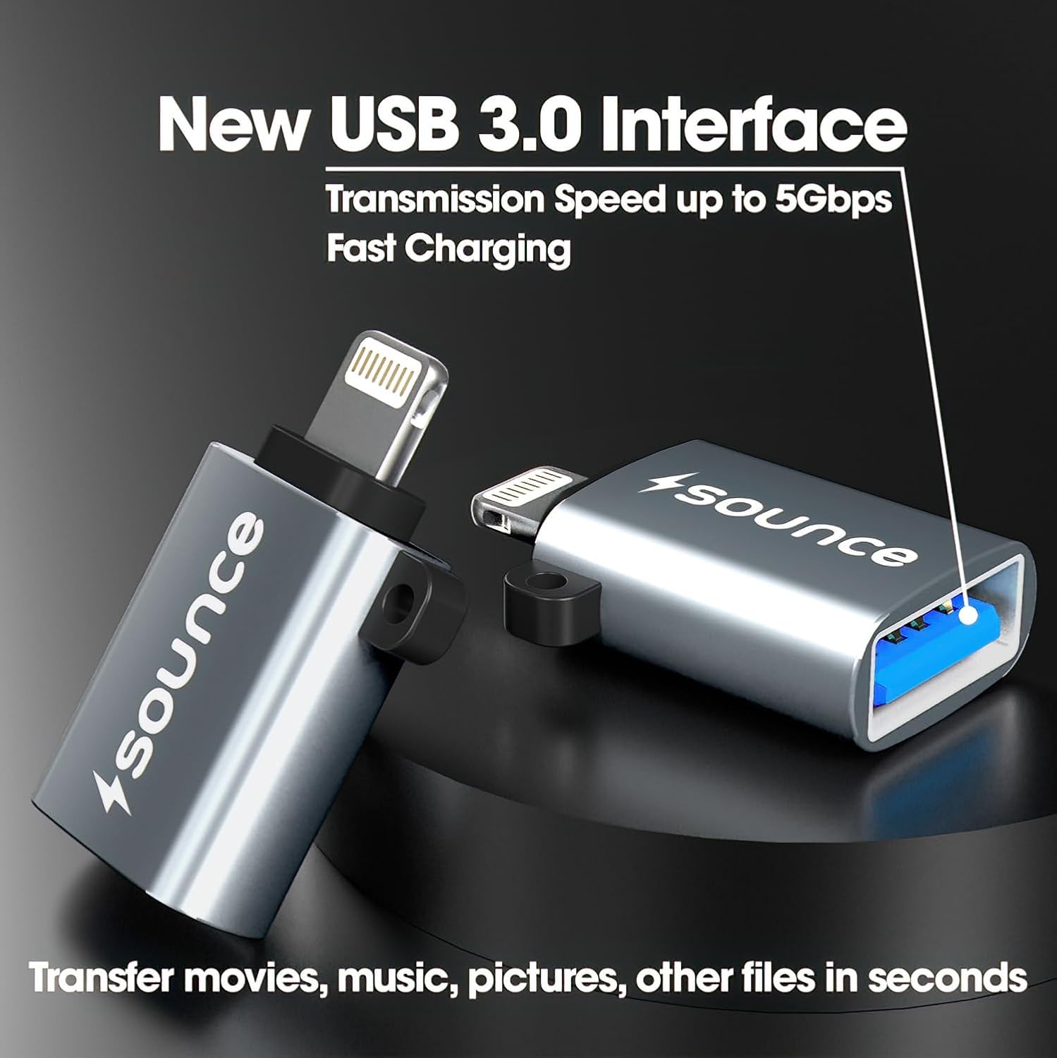 Sounce OTG for iPhone/iPad, Lightning OTG Pendrive Adapter Compatible with All iOS Devices, USB Female Support Connect USB Flash Drive, Keyboard, Mouse (Silver)